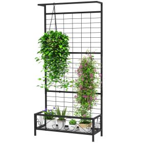 Metal Tall Plant Stand with Trellis and Hanging Bar, Plant Holder for Indoor Outdoor Use, 36" x 12.8" x 74", Black